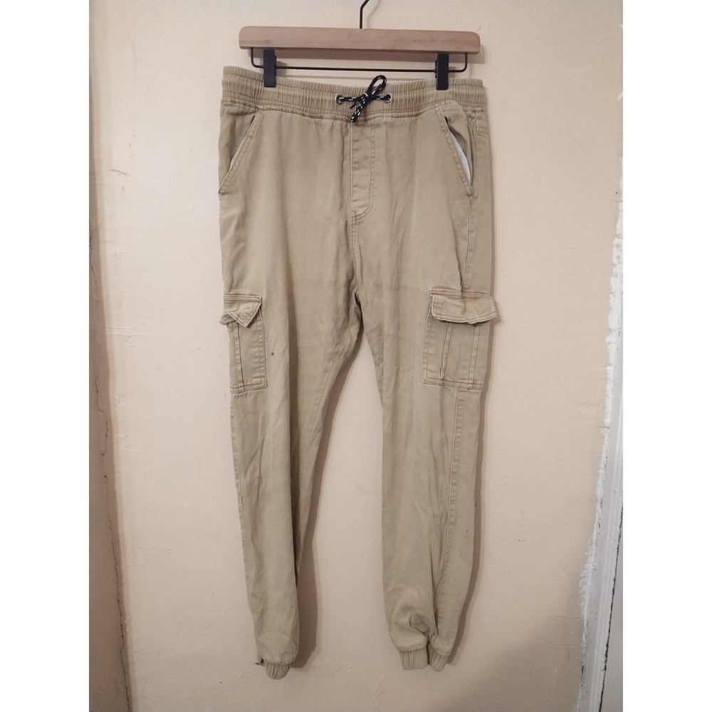 Mens Beige Cargo Jogger Pants With Elastic Waist & Cuffs Size L
